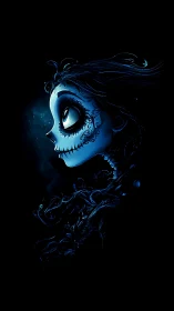 Blue skeletal profile of stylized female figure on black.