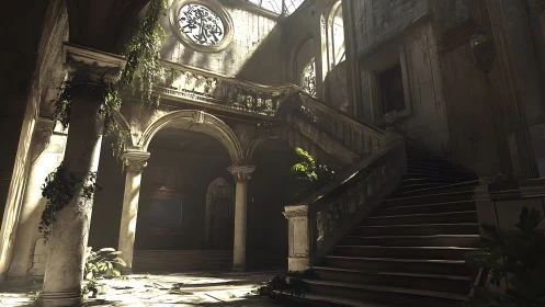 Sunlit abandoned staircase with creeping ivy and decay.