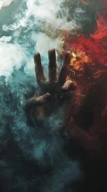 Hand rising through fire and smoke in dramatic contrast.