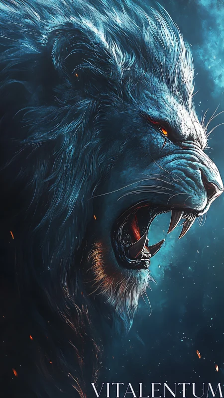 Mythic ice lion roars through ember-lit cosmic night.