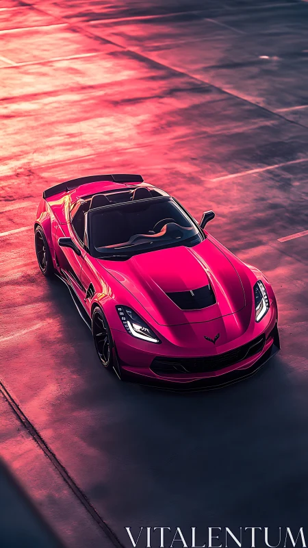 Sunlit pink sports car glows boldly on an empty rooftop