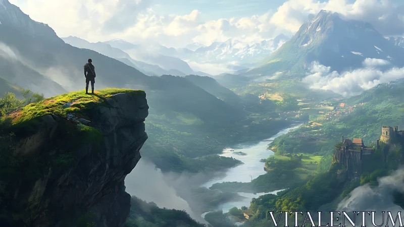 Solitary traveler pauses above a vast sunlit valley view