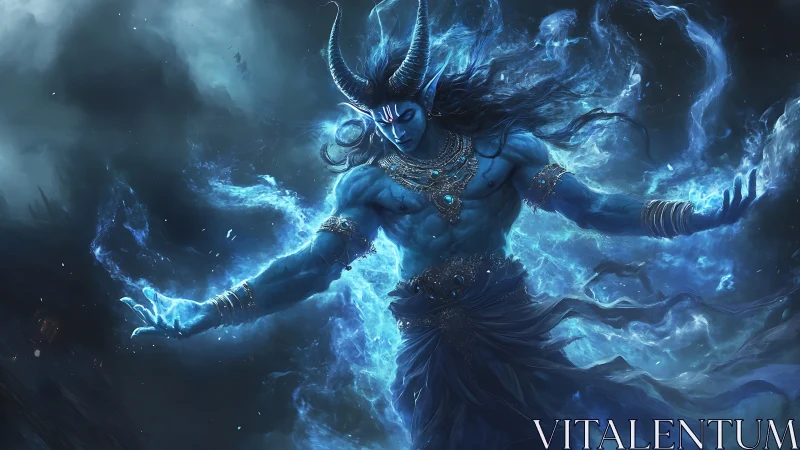 Stormbound blue demon lord conjuring ethereal flames.