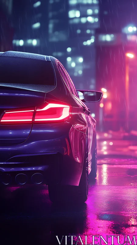 Sport sedan rear view in neon lit rainy city street.