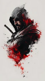 Hooded rogue portrait in red and black splatter composition.