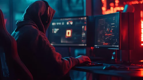 Hooded computer user works at dual monitors in dark room.