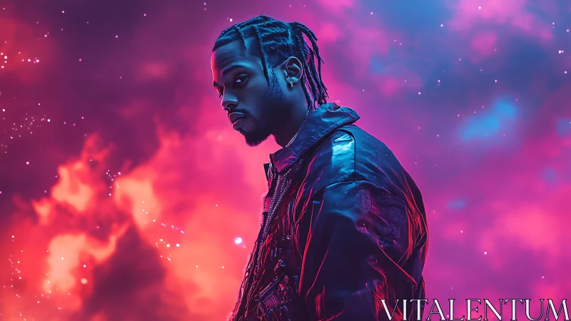 Cyberpunk portrait in neon magenta and cyan atmospheric glow.