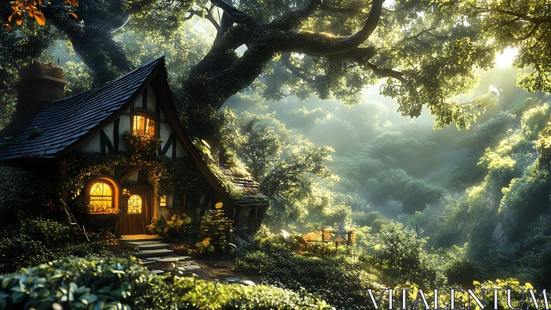 Sunlit fantasy forest cottage rendered as lush digital painting