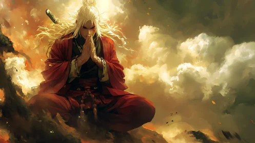 Meditating warrior channels fiery storm clouds in silence