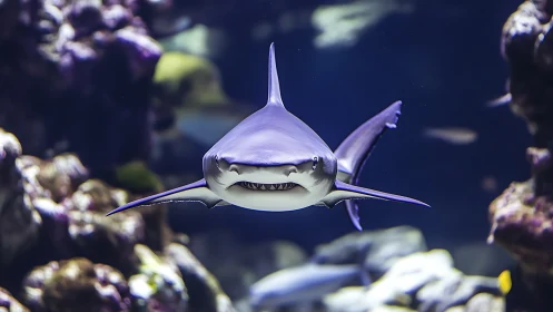 Close frontal view of shark swimming in aquarium habitat.