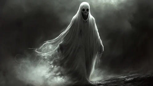 Spectral wraith emerges from swirling monochrome fog in motion