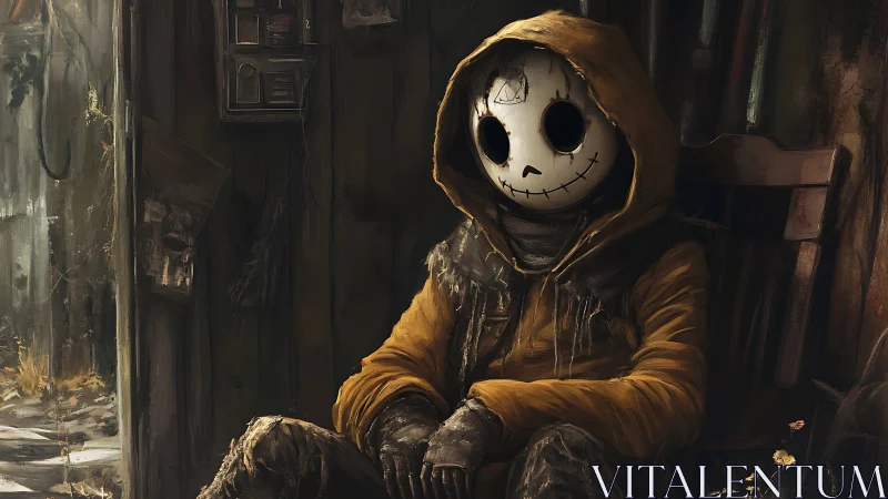 Hooded figure in cracked mask waits in a decayed shack.