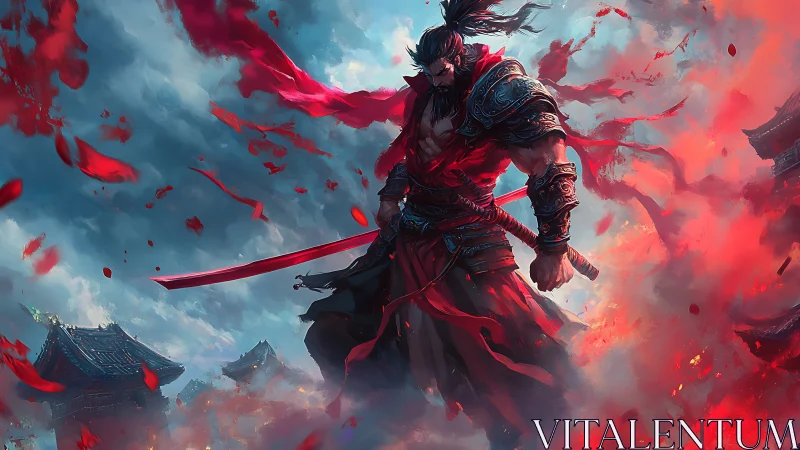 Fiery warrior in crimson robes commanding a storm of battle.
