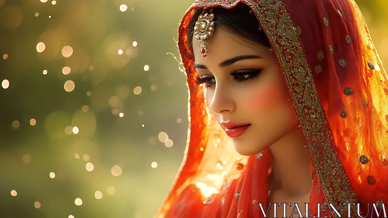 Woman in ornate red veil with jeweled headpiece outdoors.