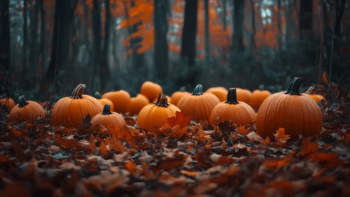 Autumn forest pumpkin gathering in a moody twilight hush.
