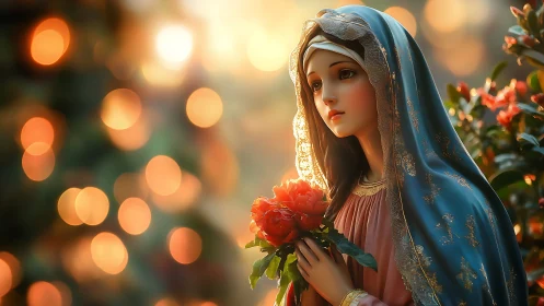 Digital painting of serene veiled figure with floral offering.