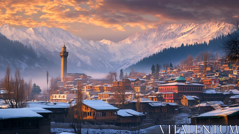 Snow-laden mountain townscape at sunrise with minaret tower