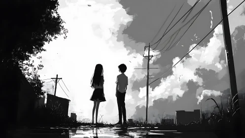 Two silhouetted teens stand under wide cloudy sky street.