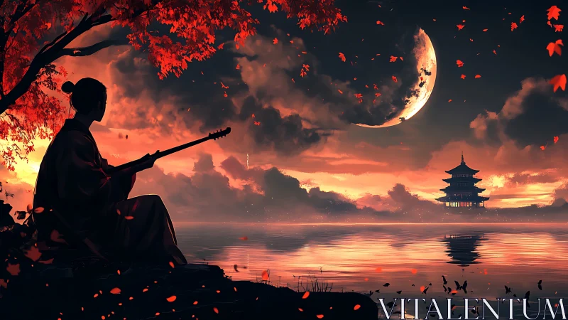 Samurai musician observes crescent moon over pagoda lake at dusk