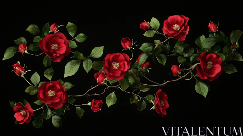 Red Roses with Golden Centers Against Black Background