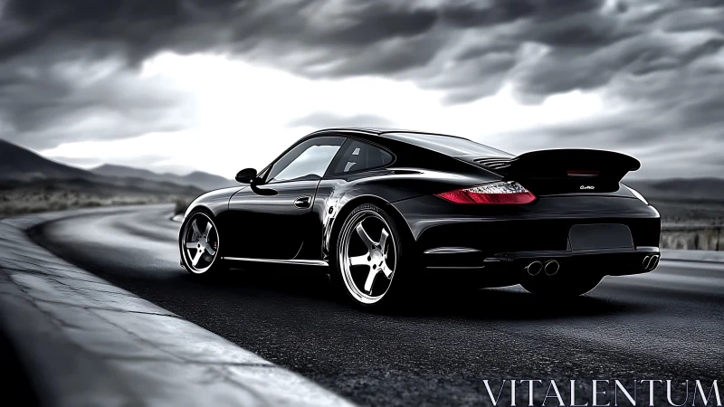 Stormy highway welcomes a sleek black sports car in motion