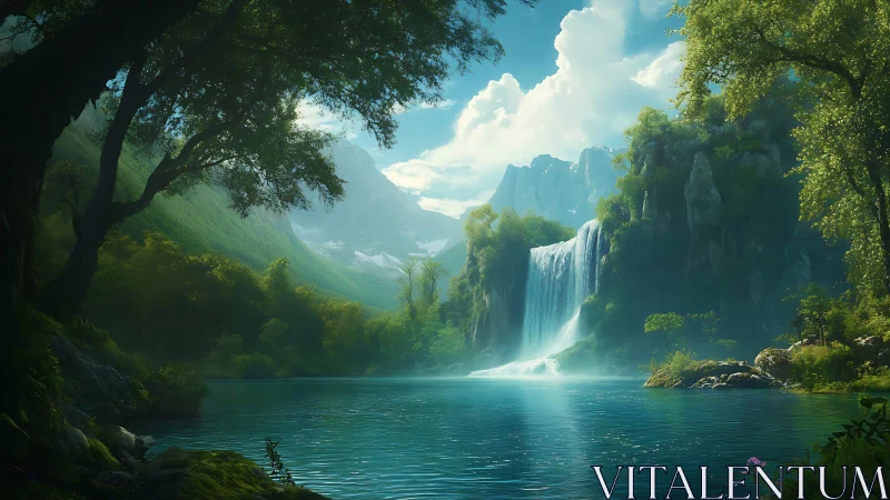 Sunlit mountain waterfall over calm turquoise forest lake.