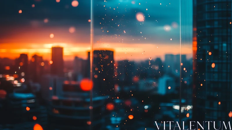 City sunset bokeh ignites glass with neon reflections.
