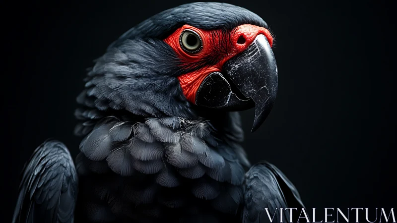 Striking black parrot portrait with vibrant red beak on dark background.