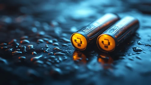 High-contrast macro study of wet metallic batteries in neon light