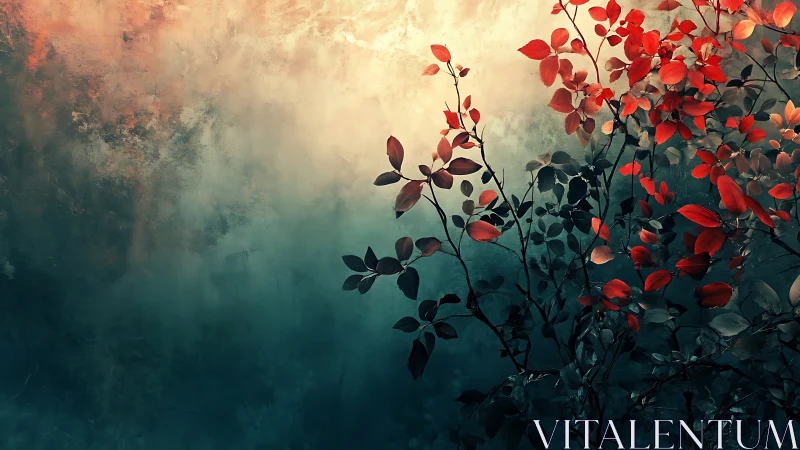 Vibrant red foliage on abstract textured background, digital art.