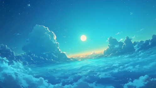 Expansive blue sky above clouds with bright central sun.