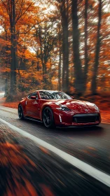 Sportscar races through an autumn forest in vivid motion