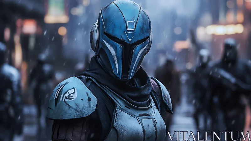 Armored sci fi warrior stands alert in rain soaked city street