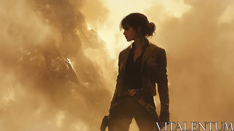 Lone tactical woman in golden atmospheric dust cloud field