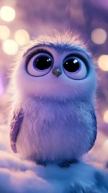 Wide-eyed fluffy baby owl in soft purple lighting.