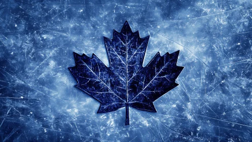 Textured maple leaf emblem on distressed icy ground plane.