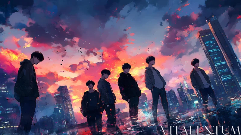 Urban silhouettes under saturated sunset sky reflections.