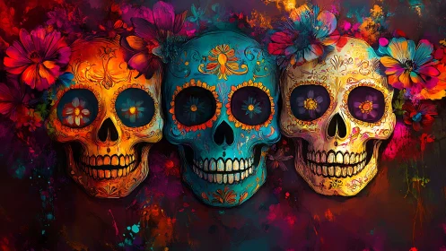 Three decorated sugar skulls aligned with vivid flowers