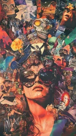 Surreal collage portrait merges urban chaos and neon dreams.