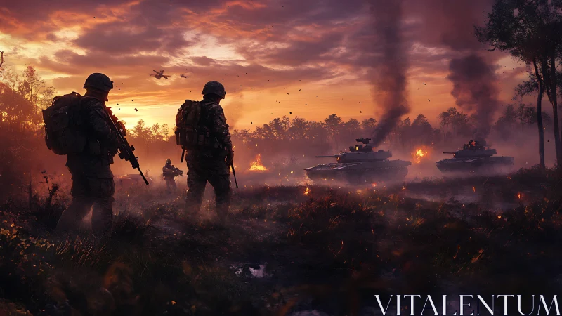 Burning dusk offensive with tanks, soldiers and falling embers.