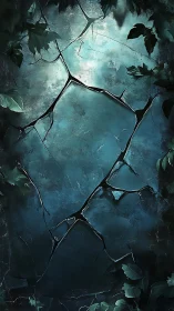 Cracked blue stone wall framed by dark green foliage.