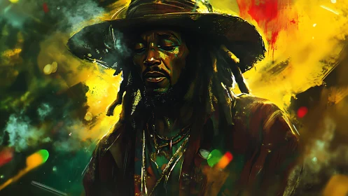 Soulful musician stands in vibrant, smoky neon light