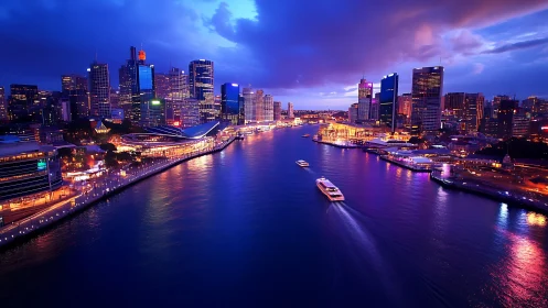 Neon-lit harbor skyline glows under dramatic twilight clouds.