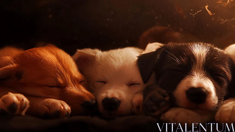 Warm twilight portrait of three sleeping puppies together.
