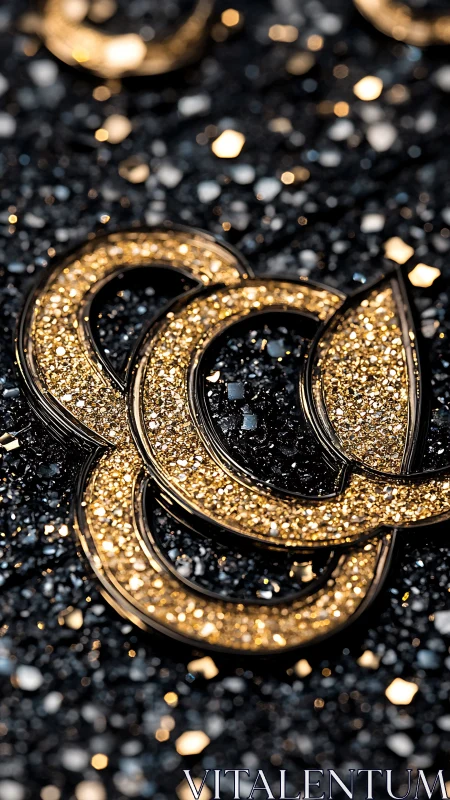 Golden glitter rings resting on sparkling black surface.