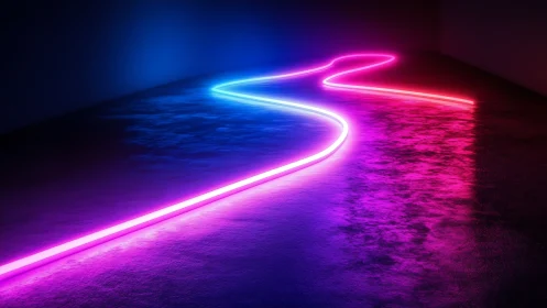 Neon ribbon trail on reflective floor in vivid magenta and blue.