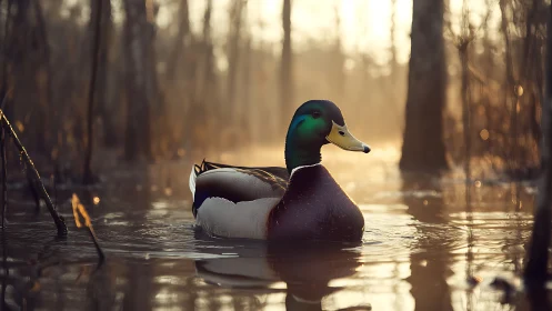 Mallard drake in shallow wetland water at low light conditions.
