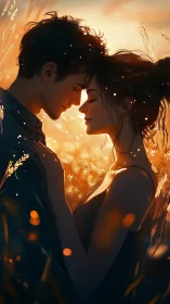 A couple shares an intimate moment bathed in golden sunset light