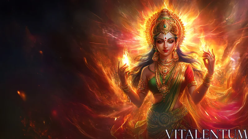 Flaming goddess strides through molten cosmos with serene grace