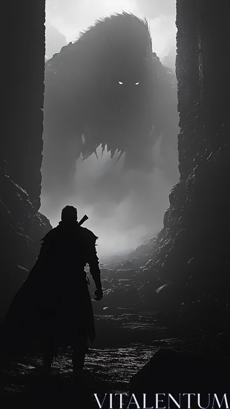 Lone warrior confronts colossal mist-shrouded monster silhouette